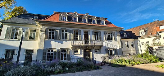 Rückansicht des sanierten historischen Hauses Buhl in Heidelberg mit heller Fassade, Fensterläden und Gartenbereich.